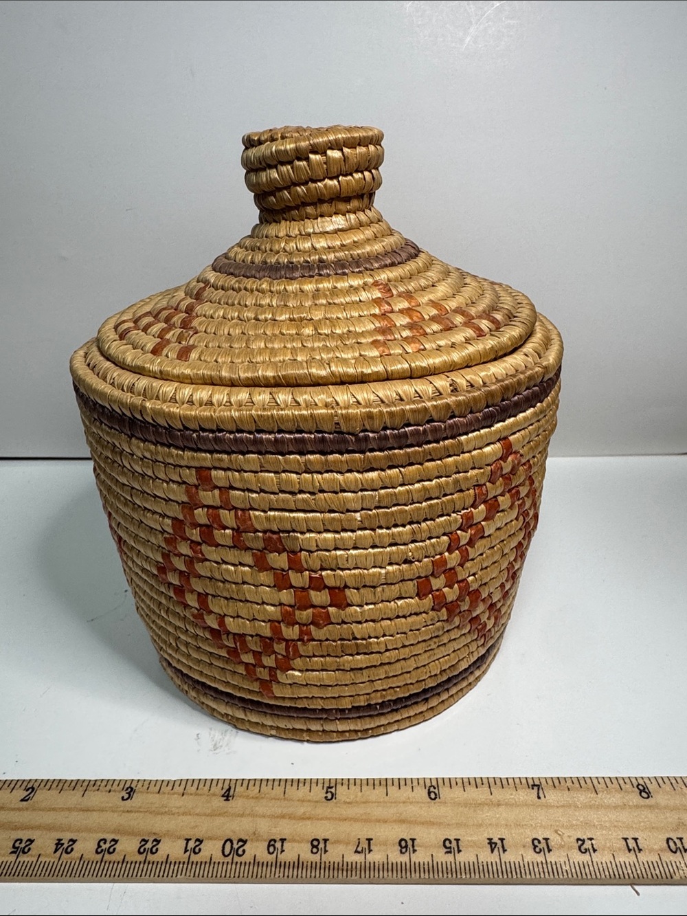 Handwoven Yupik Coiled Basket with Lid – Traditional Native Alaskan Art